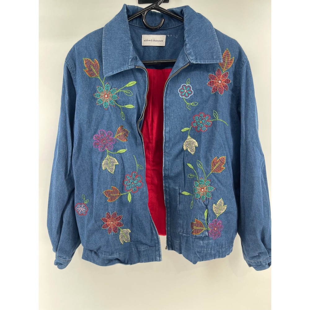 Alfred Dunner Denim Jacket Women M Blue Granny Cottage Floral Embroidered Zip Up